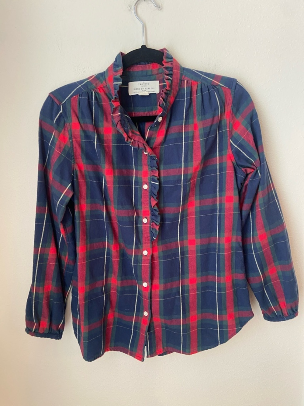 Trovata Michelle Plaid Blouse Birds of Paradis Ruffle Collar Cotton Top Size S - Picture 3 of 9